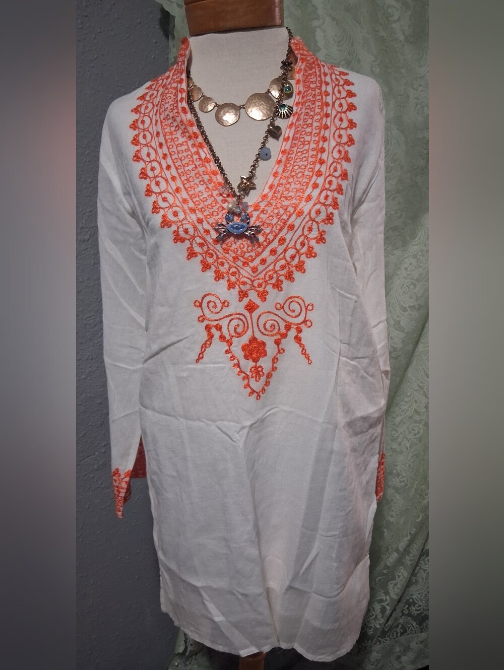 White Cotton Embroidered V-Neck Tunic with Orange Accents